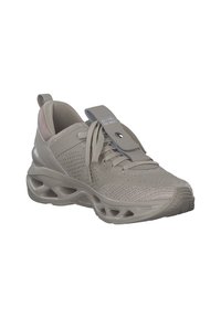 Scarpe sportive grigio chiaro con tomaia in maglia, laccio strutturato e suola sagomata e imbottita con dettagli ritagliati per la traspirabilità.