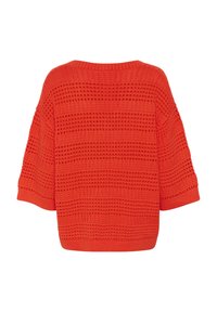 Heldere oranje gebreide trui met een losse, opengeweven structuur en driekwartmouwen, gezien vanaf de achterkant tegen een witte achtergrond.