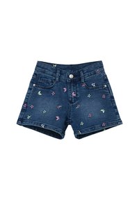 Dunkelblaue Denim-Shorts mit bunten Blumen- und Schmetterlingsstickereien. Fünf-Taschen-Design mit einem Metallknopfverschluss und einem fransigen Saum.