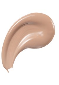 Swatch podkładu płynnego w ciepłym odcieniu beżu, gładka tekstura z błyszczącym wykończeniem, z delikatnymi liniami aplikacji.