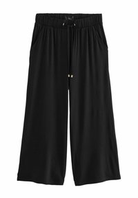 Pantalon noir à jambes larges avec taille élastique, cordon de serrage et poches latérales, fabriqué en tissu doux et fluide.