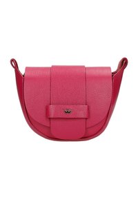 Borsa a tracolla in pelle rosa con chiusura a pattina, dotata di un accento del logo in metallo e rifinitura testurizzata. Forma rotonda con attacchi laterali per la tracolla.