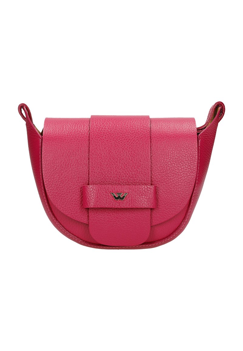 Borsa a tracolla in pelle rosa con chiusura a pattina, dotata di un accento del logo in metallo e rifinitura testurizzata. Forma rotonda con attacchi laterali per la tracolla.