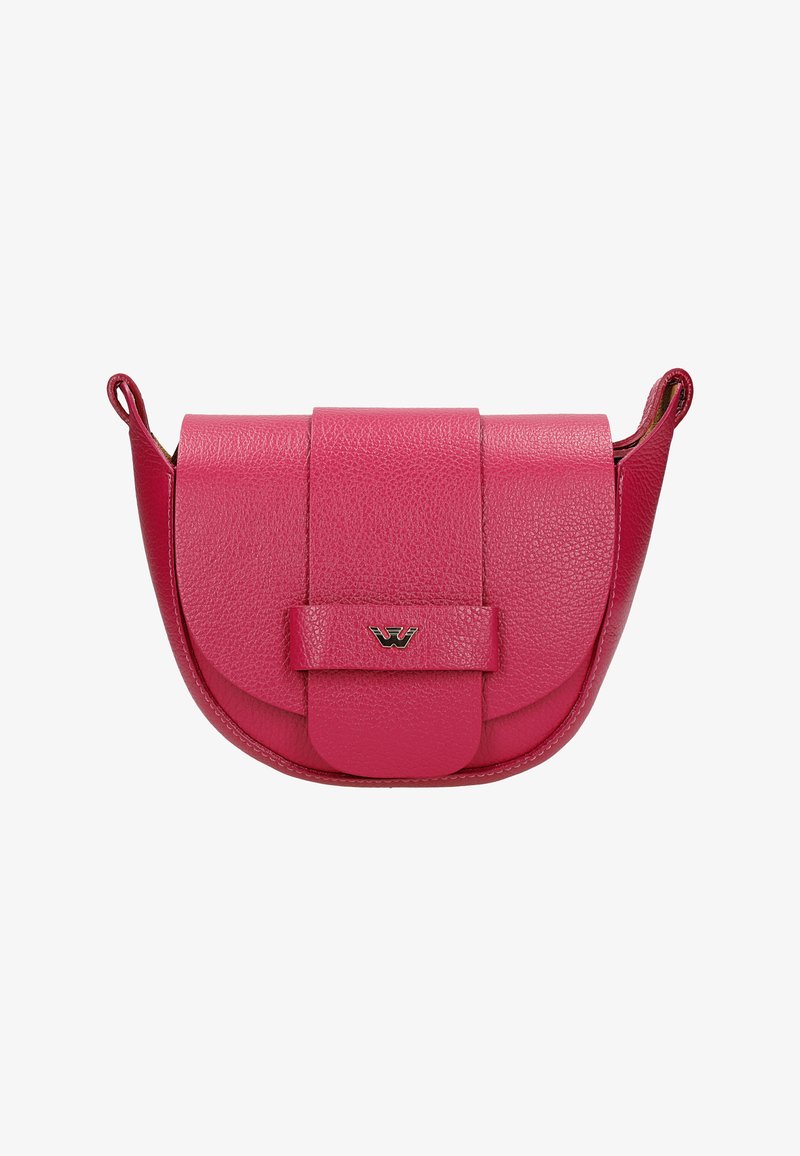 Borsa a tracolla in pelle rosa con chiusura a pattina, dotata di un accento del logo in metallo e rifinitura testurizzata. Forma rotonda con attacchi laterali per la tracolla.