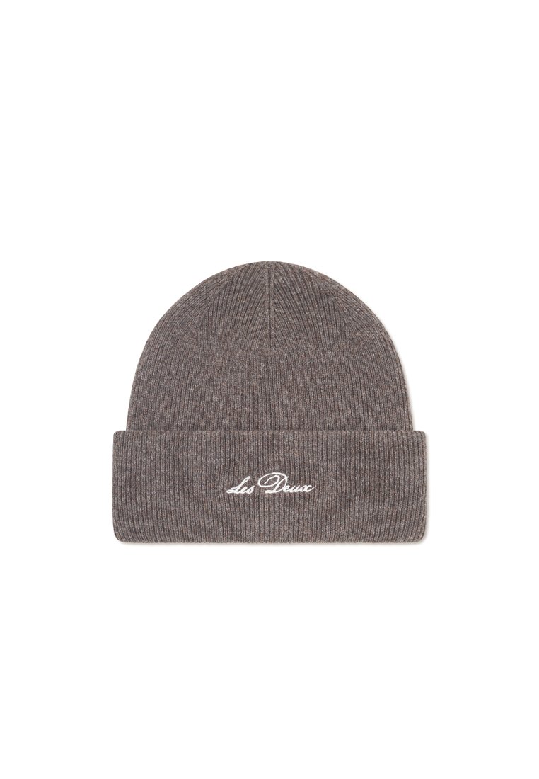 Bonnet en tricot gris avec un revers. Présente un logo brodé blanc à l'avant. Fabriqué en matériau doux et texturé.