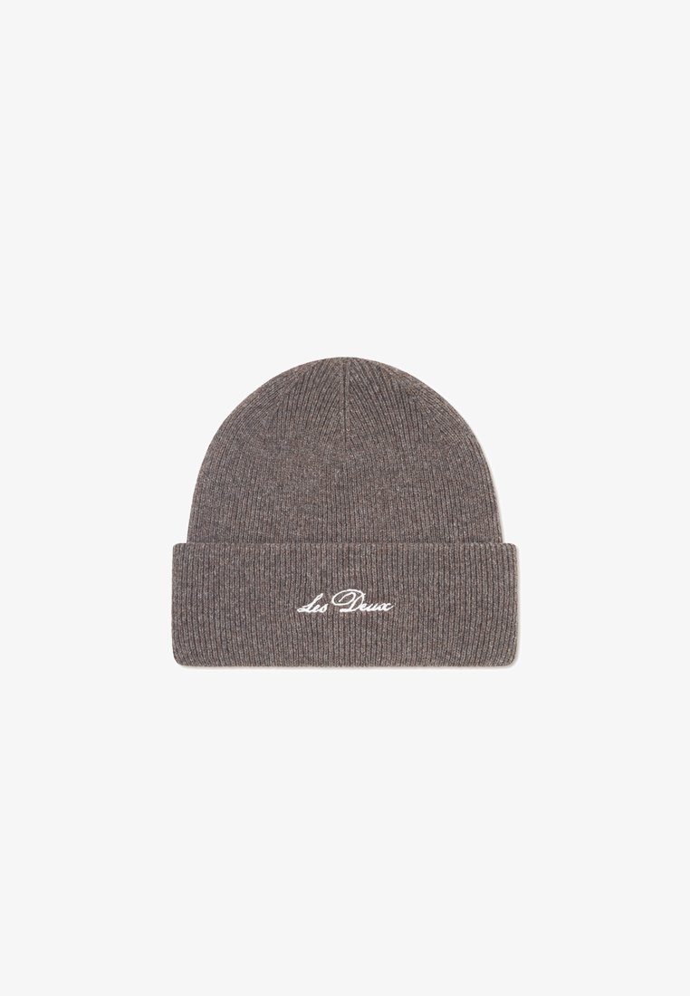 Gray knitted beanie with a folded cuff. Features a white embroidered logo on the front. Made of soft, textured material.