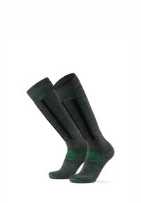 Calcetines hasta la rodilla hechos de una mezcla de lana gris con acentos verdes y negros. Presentan una textura acanalada y áreas reforzadas para mayor durabilidad.