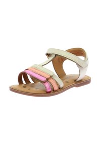 Barnesandaler med en beige overdel og multicolore stropper i pink, orange og creme. Justerbar velcro-lukning, flad sål.