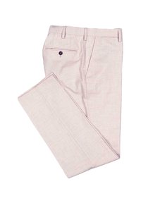 Helle rosa Leinenhose mit subtiler Textur, ausgestattet mit einer einzelnen Gesäßtasche und einem kleinen schwarzen Knopf. Maßgeschneiderte Passform mit ordentlich gebügeltem Falt.