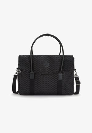 Zwarte stoffen tas met een verhoogd geometrisch patroon, dubbele handvatten aan de bovenkant, afneembare schouderriem en een logo-medaillon aan de voorkant.