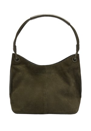 Torba na ramię z ciemnooliwkowego zamszu z jednym wyściełanym uchwytem przymocowanym za pomocą okrągłych metalowych oczek.