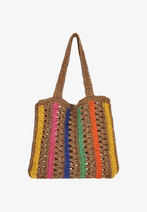 Geantă de mână țesută, culoare maro, cu dungi verticale colorate: roz, albastru, verde, portocaliu, roșu și galben. Mânere duble, design deschis.