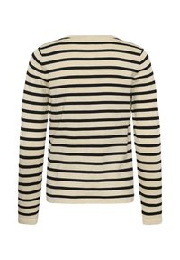 Bežena majica z dolgimi rokavi in črnimi vodoravnimi črtami, prikazana s hrbtne strani na beli podlagi.