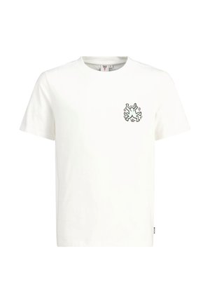 Wit T-shirt met korte mouwen en een ronde hals met een klein zwart abstract spinachtig grafisch motief op de linkerborst.