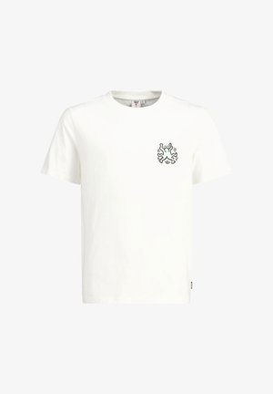 Wit T-shirt met korte mouwen en een ronde hals met een klein zwart abstract spinachtig grafisch motief op de linkerborst.
