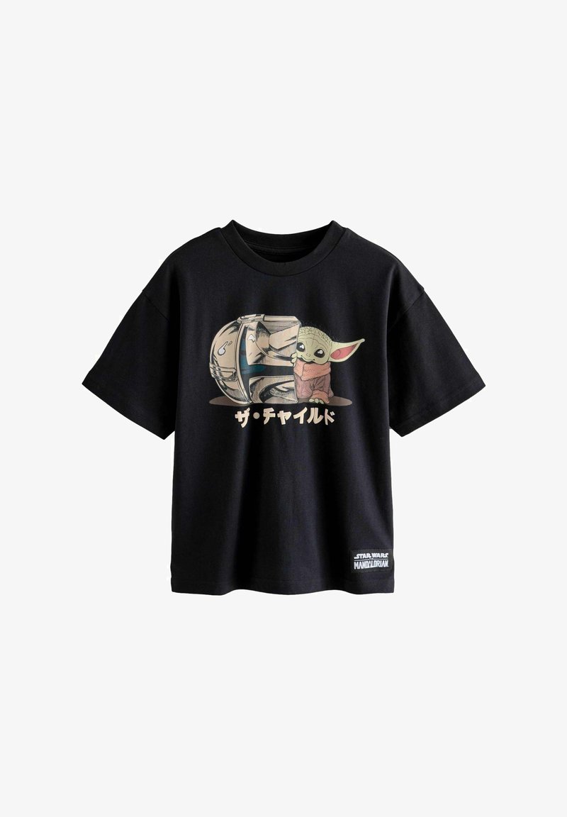 Black cotton t-shirt featuring a graphic print of a character with large ears and a helmet, with text in Japanese below the design.