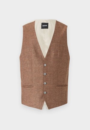 Gilet marron texturé avec un col en V, fermeture à six boutons à l'avant et deux poches latérales. Présente une doublure de couleur claire avec un motif subtil.