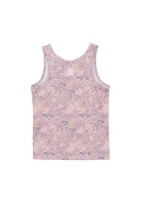 Linnen i ljusrosa tyg med flerfärgad blommönster. Har breda axelband och rund halsringning, mjuk textur med elastisk passform.
