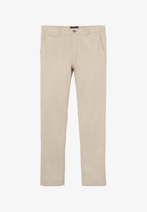 Beige Baumwollchinos mit schmaler Passform, flachem Front, zwei seitlichen Taschen und einer einzelnen Gesäßtasche, ausgestattet mit einem Knopfverschluss an der Taille.