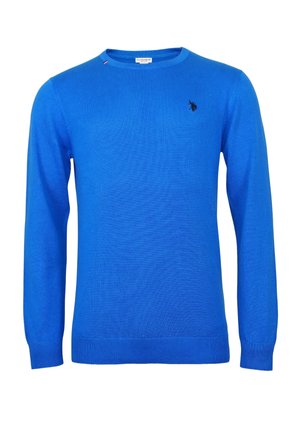 Blauwe trui met lange mouwen en ronde hals, geribde manchetten en zoom, met een klein zwart logo op de linkerborst.
