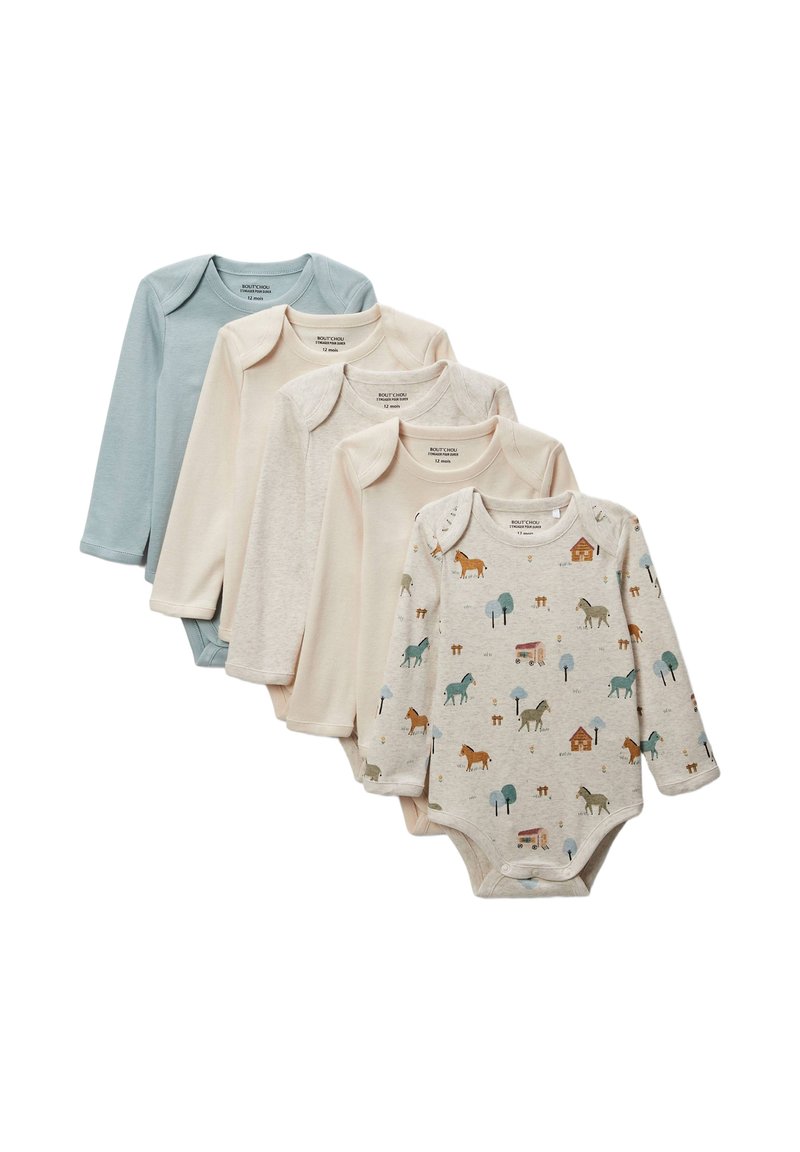 Cinq bodies pour bébé à manches longues en bleu clair, crème, beige, et un crème à motifs d'animaux et d'arbres. Fermetures à pression en bas.