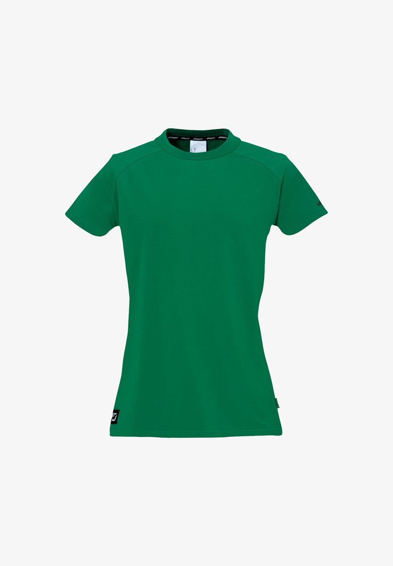 T-shirt vert à manches courtes en tissu lisse et léger. Il présente un col rond et un branding discret sur la manche et l'ourlet.