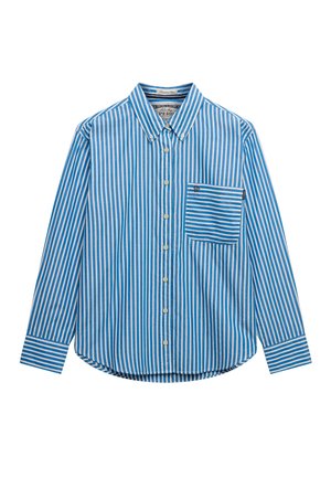 Blauw-wit gestreept overhemd met lange mouwen, knoopsluiting en een knoopkraag, met een contrasterende borstzak met horizontale strepen.
