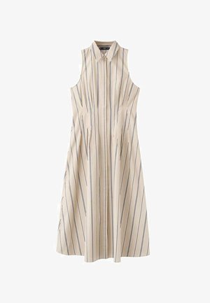 Vestido beige sin mangas con rayas verticales azul marino, cuello y bolsillos laterales. Cuenta con una cintura ceñida y una falda acampanada para una silueta estructurada.