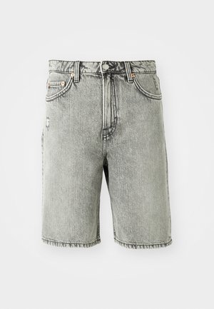 Gray denim shorts featuring a classic five-pocket design, a faded finish, and stitched detailing at the hem and waistband.