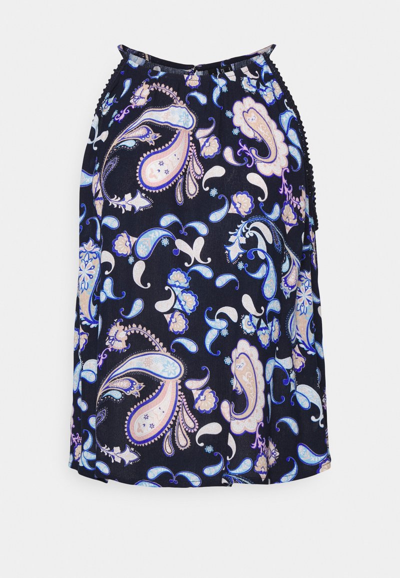 Saia azul-escura com um padrão paisley em azul-claro, roxo e rosa. Cintura elástica com bordas franzidas e costuras laterais.