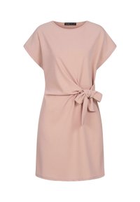 Pale pink short-sleeve dress made of soft fabric, featuring a knotted belt detail at the waist and a relaxed A-line shape.