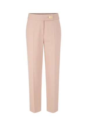 Light pink tailored trousers with a straight-cut design, featuring a wide waistband and a large yellow button at the front.