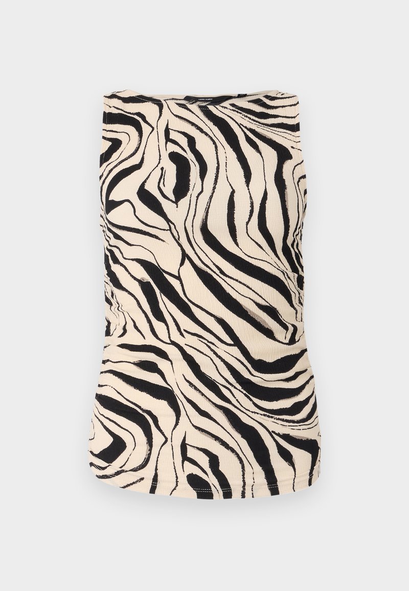 Débardeur noir et crème à motif zèbre avec un tissu texturé, design ajusté et encolure ronde. Présente des fronces horizontales sur les côtés.