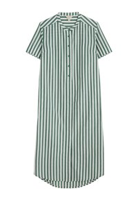 Abito a camicia a righe in verde e bianco, con maniche corte, colletto tondo e orlo curvo. Il tessuto sembra leggero e liscio.