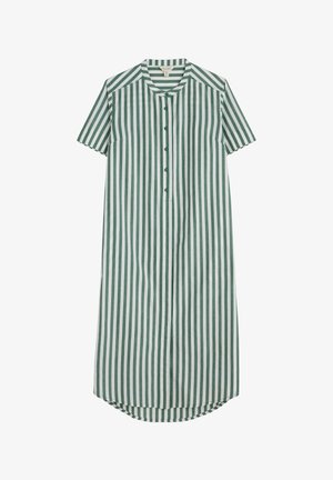 Vihreä-valkoinen raidallinen napitettava mekko, jossa on lyhyet hihat, pyöreä kaulus ja kaareva helma. Kangas näyttää kevyeltä ja sileältä.