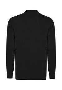 Maglione nero a maglia con scollo rotondo, maniche lunghe e polsini e orlo a coste. Texture morbida, design minimalista.