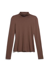 Maglia marrone a maniche lunghe con collo alto, realizzata in tessuto morbido, caratterizzata da una vestibilità rilassata e un dettaglio senza cuciture sul colletto. Texture liscia.