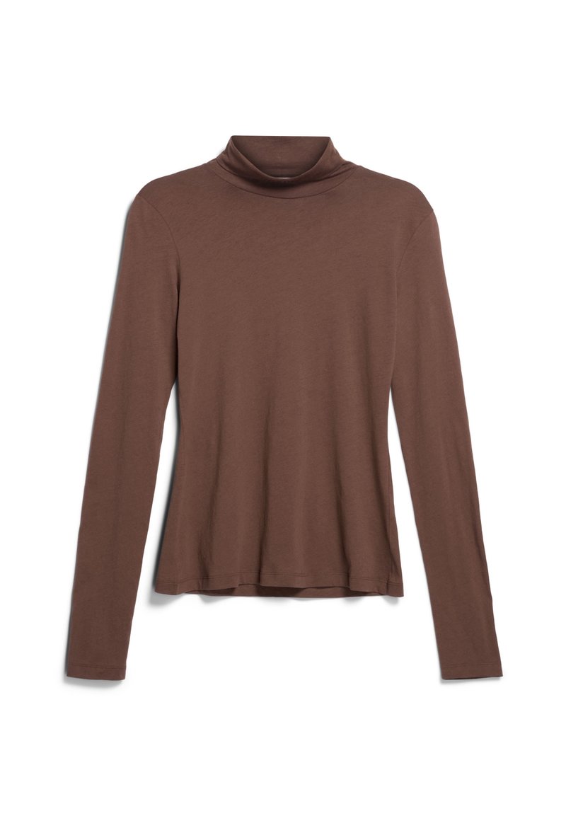 Maglia marrone a maniche lunghe con collo alto, realizzata in tessuto morbido, caratterizzata da una vestibilità rilassata e un dettaglio senza cuciture sul colletto. Texture liscia.