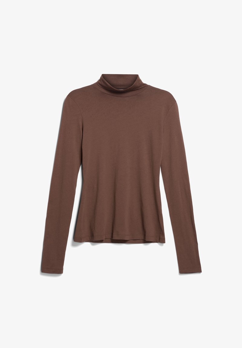 Maglia marrone a maniche lunghe con collo alto, realizzata in tessuto morbido, caratterizzata da una vestibilità rilassata e un dettaglio senza cuciture sul colletto. Texture liscia.