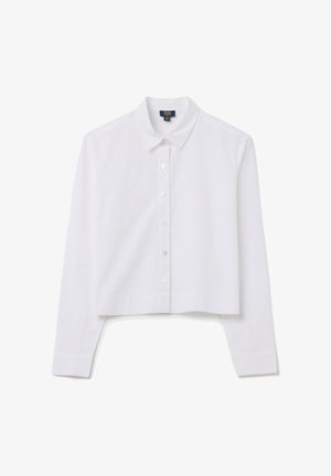 Witte, langwerpige cropped shirt met knoopsluiting aan de voorkant en een klassieke kraag. Gemaakt van katoen, met een gladde textuur en een subtiele glans.
