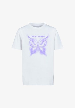 Biała bawełniana koszulka z krótkim rękawem, z grafiką fioletowego motyla i napisem "DOBRA KARMA" nad wzorem.