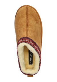 Tan suede slipper with faux fur lining and decorative braided accent. Tag displays size 37. Rounded toe and simple stitched seam design.
