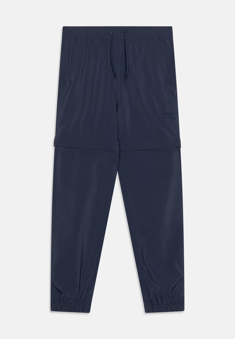 Navy blue athletic pants made of lightweight fabric, featuring an elastic waistband, drawstring, and side cargo pocket, with elastic cuffs.
