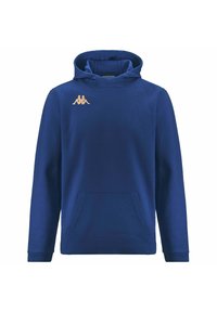 Felpa blu con cappuccio dal tocco morbido, dotata di una tasca frontale e di un logo dorato sul petto. Maniche lunghe con polsini a coste.