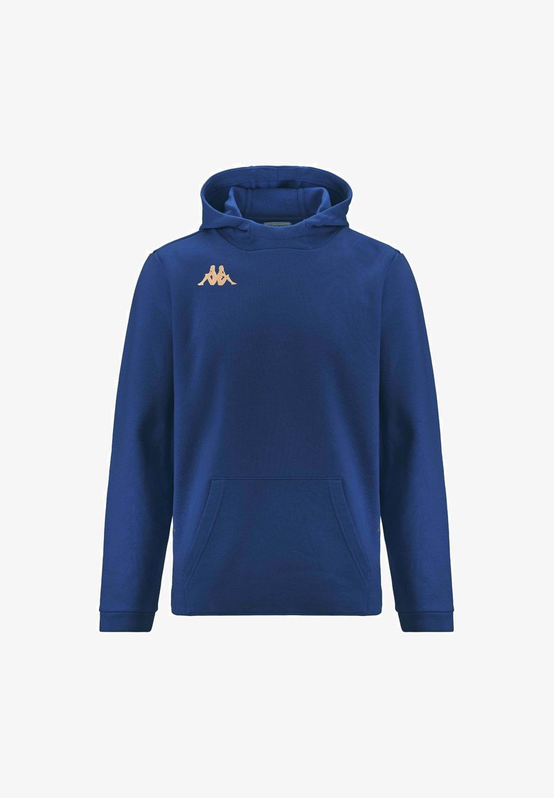 Felpa blu con cappuccio dal tocco morbido, dotata di una tasca frontale e di un logo dorato sul petto. Maniche lunghe con polsini a coste.