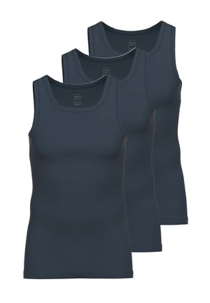 Drei dunkelgraue Tanktops aus glattem Material, mit breiten Trägern und körperbetonter Passform, sowie einem runden Halsausschnitt.