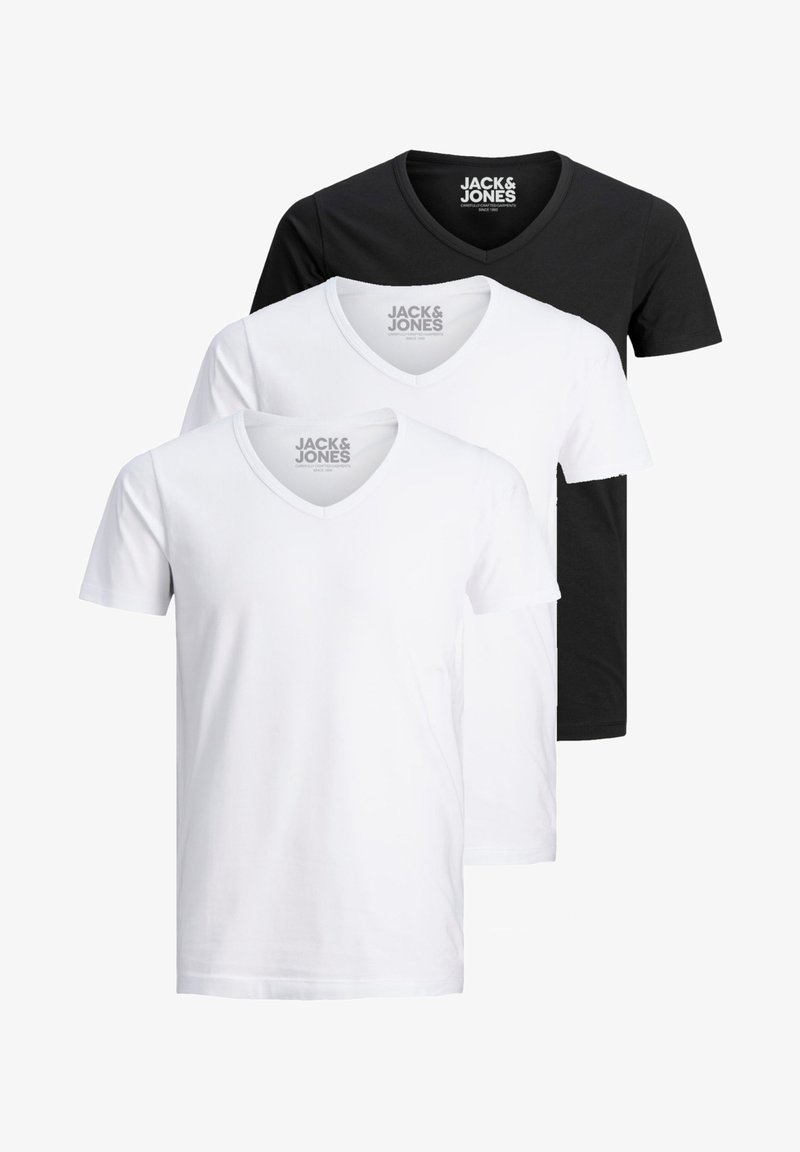 Drei V-Ausschnitt-T-Shirts in Schwarz und Weiß, aus weicher Baumwolle gefertigt, mit kurzen Ärmeln und klassischer Passform. Das Markenlogo ist an den Kragen sichtbar.