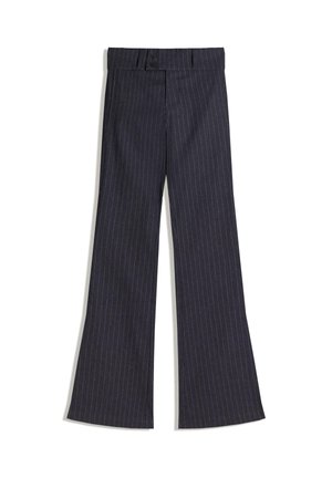 Tamno plave prugaste široke hlače od teksturirane tkanine, s dvostrukim kopčanjem i visokim strukom.