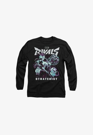Black long-sleeve shirt featuring graphic artwork with stylized characters, text "RIVALS" and "STRATEGIST" in white and light blue.