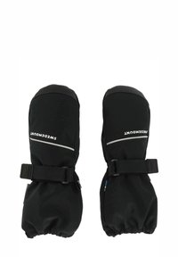 Muffole nere con un design a guscio morbido, caratterizzate da un polsino cinched, cinturini regolabili e accenti riflettenti per la visibilità.